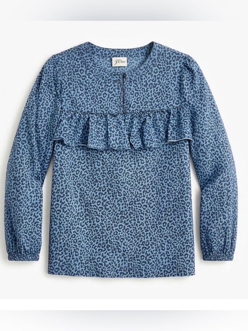 J. Crew 100% Cotton Ruffle Front Blouse in Blue Chambray Leopard